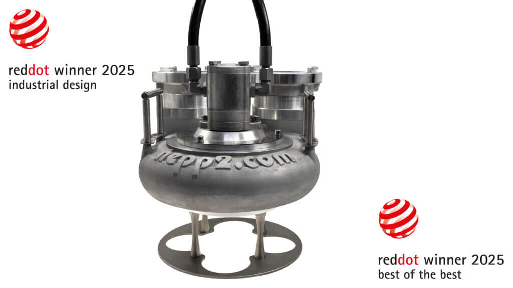 HEPP&sup2; 5-Zoll Dual Tauchpumpe, zweifacher Gewinner des Red Dot Design Awards 2025: Winner im Bereich Product Design f&uuml;r exzellente Ausf&uuml;hrung und hohe Designqualit&auml;t sowie Best of the Best f&uuml;r innovatives Design. Setzt neue Ma&szlig;st&auml;be im Industrial Design.
