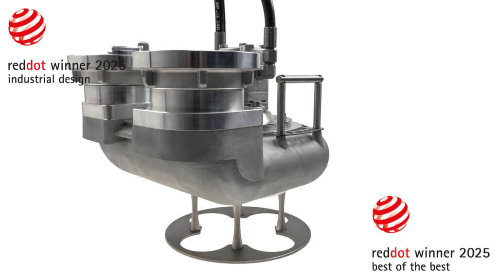 HEPP&sup2; 5-Zoll Dual Tauchpumpe, zweifacher Gewinner des Red Dot Design Awards 2025: Winner im Bereich Product Design f&uuml;r exzellente Ausf&uuml;hrung und hohe Designqualit&auml;t sowie Best of the Best f&uuml;r innovatives Design. Setzt neue Ma&szlig;st&auml;be im Industrial Design.