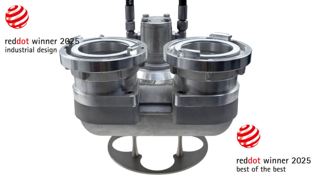 HEPP&sup2; 5-Zoll Dual Tauchpumpe, zweifacher Gewinner des Red Dot Design Awards 2025: Winner im Bereich Product Design f&uuml;r exzellente Ausf&uuml;hrung und hohe Designqualit&auml;t sowie Best of the Best f&uuml;r innovatives Design. Setzt neue Ma&szlig;st&auml;be im Industrial Design.