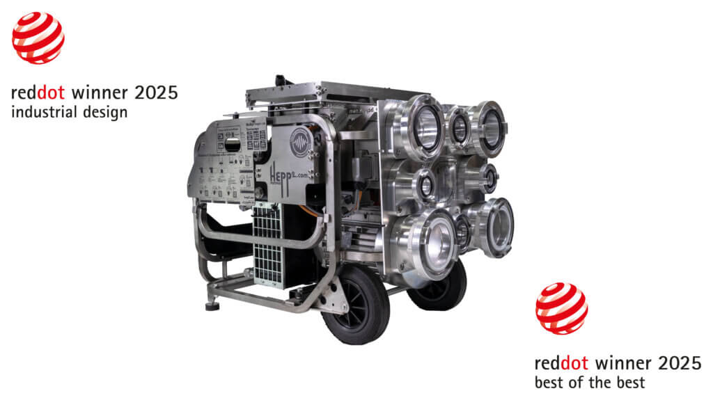 HEPP&sup2; 5-Zoll Dual Tauchpumpe, zweifacher Gewinner des Red Dot Design Awards 2025: Winner im Bereich Product Design f&uuml;r exzellente Ausf&uuml;hrung und hohe Designqualit&auml;t sowie Best of the Best f&uuml;r innovatives Design. Setzt neue Ma&szlig;st&auml;be im Industrial Design.